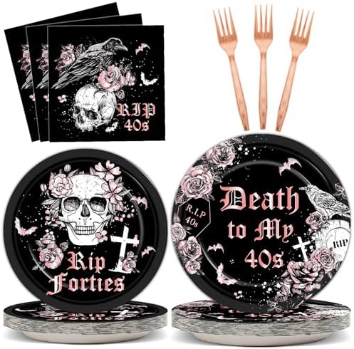 Qyeahkj 100 Pcs 50th Birthday Party Supplies Death to My 40s Paper Plates and Napkins Set Black Rose Gold Rip to My 40s Disposable Tableware Decorations for Women Forties Funeral Youth Serve 25 Guests by Qyeahkj