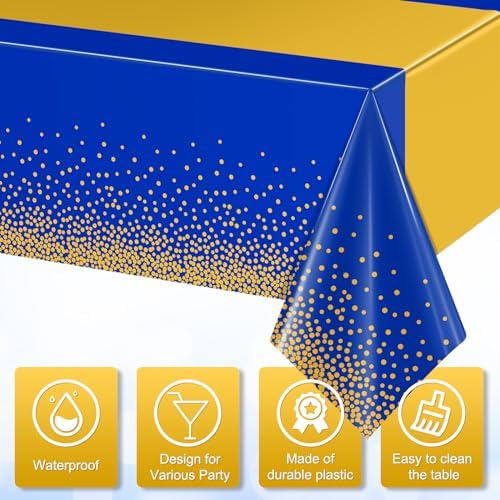 3Pcs Blue and Gold Tablecloth Party Decorations,Plastic Royal Blue Table Cloth Printed Gold Tables Runner Disposable Rectangle Table Cover for Birthday Anniversary Wedding Graduation Party,54 x108Inch - Image 3