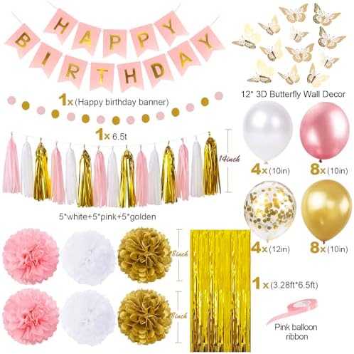 Pink and Gold Birthday Party Decorations for Women with Happy Birthday Banner,Curtains, Butterfly Wall,Circle Dots Garland,Tissue Pompoms,Paper Tassels Garland for Her - Image 3