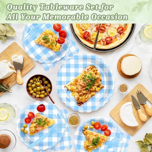 100 Light Blue Gingham Paper Plates and Napkins Disposable Set for Party - Image 3