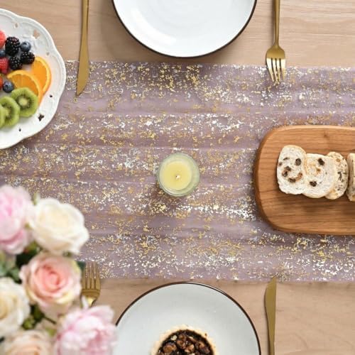 Artoid Mode 6Pcs Grayish Purple Gauze Gold Table Runner 10FT, Glitter Metallic Foil Sheer Dining Wedding Anniversary Holiday Table Decor for Home Party - Image 3