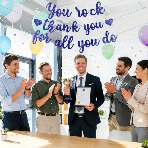 Pre-Strung You Rock Thank You For All You Do Banner - Glitter Employee Appreciation Decorations, Staff Teacher Nurse Recognition Party Supplies, Retirement Office Decor Sign, Large Cardstock Garland (Navy Blue) - Image 5