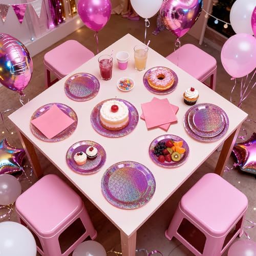 Pink Iridescent Paper Plates & Napkins, 75 Pcs Party Decoration Tableware - Image 4