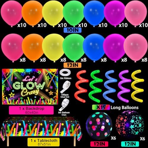SNLN 161Pcs Neon Party Decorations Glow in the Dark Birthday Supplies Neon Balloon Arch Kit & Backdrop Tablecloth UV Blacklight Luminous Glow Balloons Kids Teen Adult Rainbow 80s 90s Disco Party Decor - Image 2