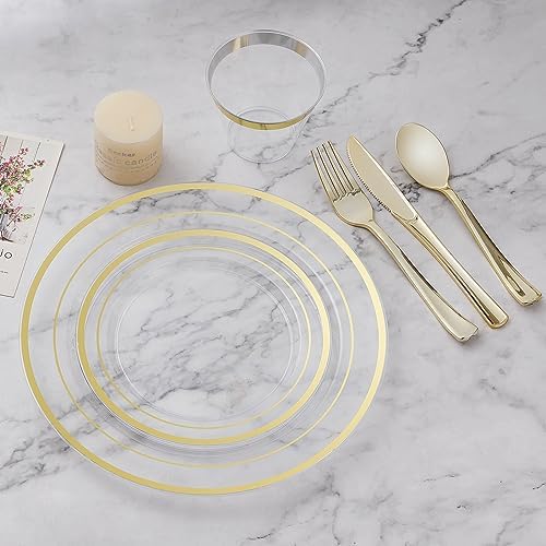 BESTVIP 600PCS Clear Gold Dinnerware Set for 100 Guests, - Image 6