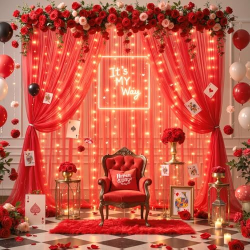 10ft x 10ft Red Tulle Photo Backdrop Curtain with Lights String for Christmas Party Red Sheer Curtain Backdrop Drapes for Birthday Party Wedding Holiday Photo Booth Background Home Room Decorations - Image 5