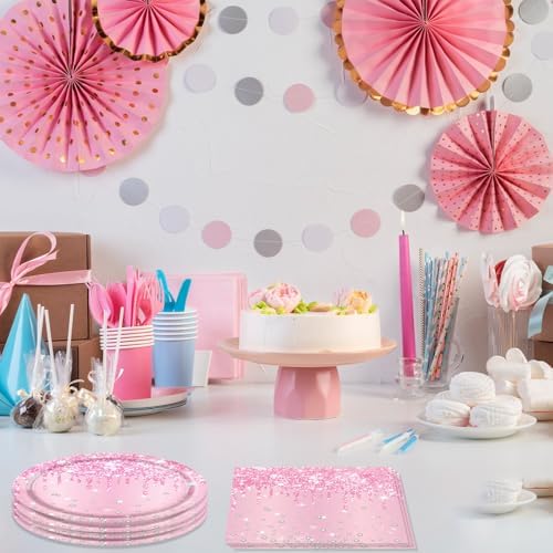 40 PCS Pink Birthday Decorations Light Pink Diamond Theme Birthday Disposable Tableware Paper Plates and Napkins for Wedding Baby Shower Serves 20 - Image 5