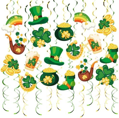 St. Patrick's Day Party Streamers, 48 PCS Irish Theme Hanging Swirl Decorations - Shamrock, Leprechaun Hat & Pot of Gold for Holiday, Birthday & Party Decor - Image 4