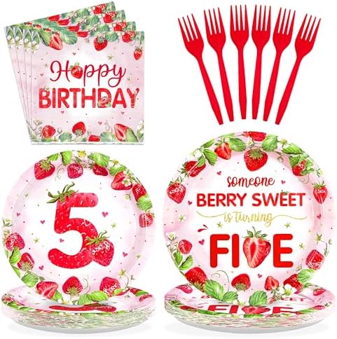 Greencian 96Pcs Strawberry 5th Birthday Party Decorations Serves 24 by Grencian