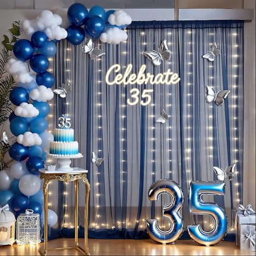 10x10ft Navy Blue Tulle Backdrop Curtain with Lights String for Parites, Sheer Photo Backdrop Curtains with Lights for Wedding Backdrop Ceremony Reception Bridal Shower Baby Shower Birthday Party - Image 4