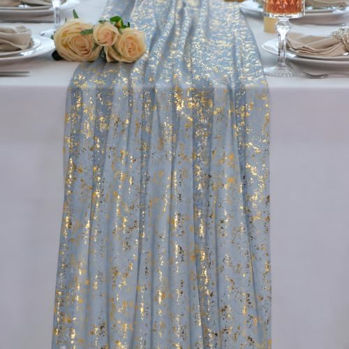 3Pcs Dusty Blue Gold Table Runner Metallic Foil Shimmer Sheer Gauze 10ft by Snowkingdom