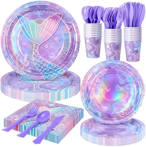 168PCS Mermaid Party Supplies, Purple Mermaid Tableware Party Plates Set by FightingtoAchieve