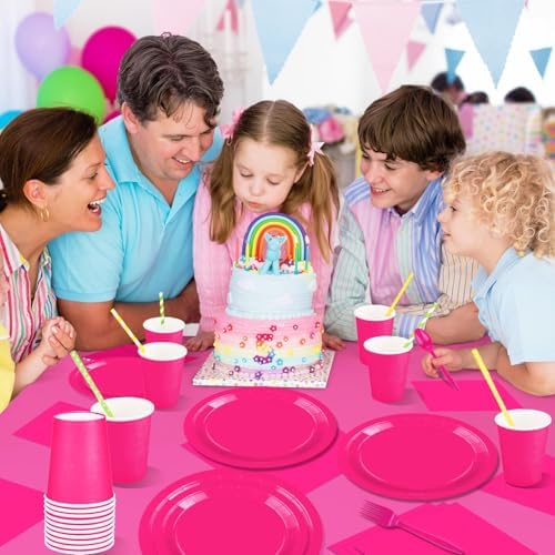 229PCS Hot Pink Party Supplies Set - Paper Disposable Plates Cups Plastic Spoons Forks Knives Napkins Serve 30 Guests - Image 5