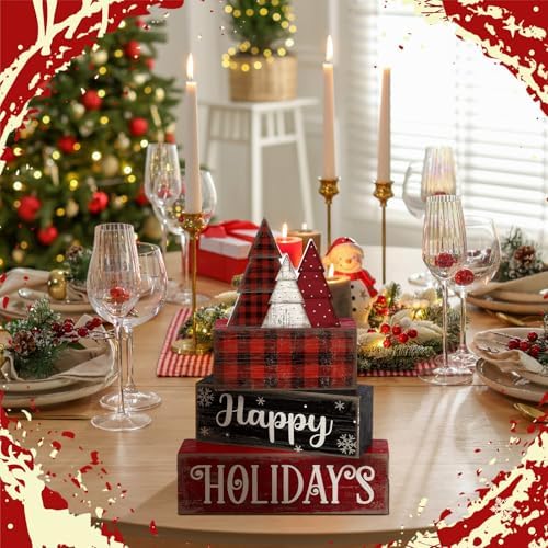 Moucuny 4 Pcs Wooden Block Signs Buffalo Plaid Holiday Farmhouse Decor - Image 4