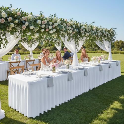 6 Pack White Spandex Table Covers 6ft Rectangle Ruffle Skirts for Party - Image 2