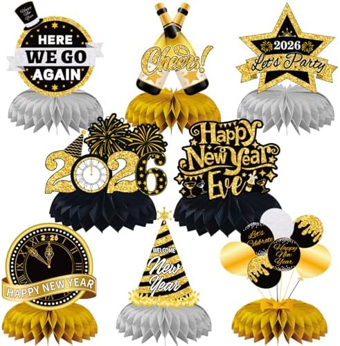 JULMELON 8PCS Happy New Year 2026 Decorations, Honeycomb Centerpieces by JULMELON