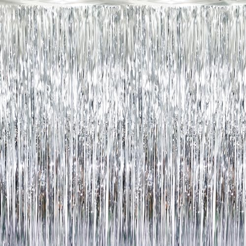 GOER 3.2 ft x 8.2 ft Metallic Tinsel Foil Fringe Curtains Party Photo Backdrop Party Streamers for Birthday,Graduation,New Year Eve Decorations Wedding Decor (Silver,5 pcs) by GOER