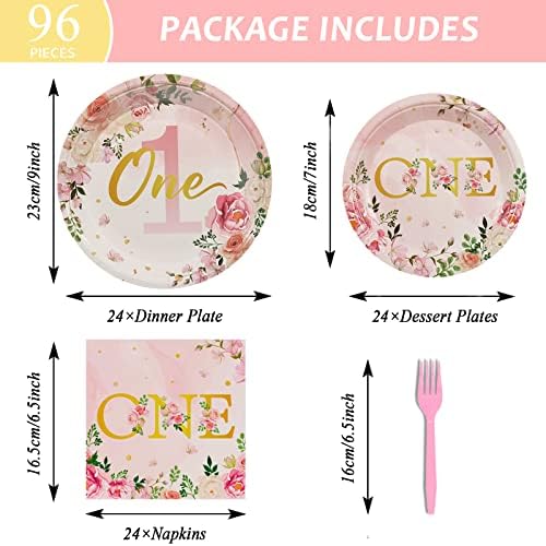 96Pcs 1st Birthday Party Supplies - Girls' One Year Tableware with Floral Birthday Plates, Napkins, Dinnerware, Decorations & Favors for Baby Shower, Serves 24 - Image 2