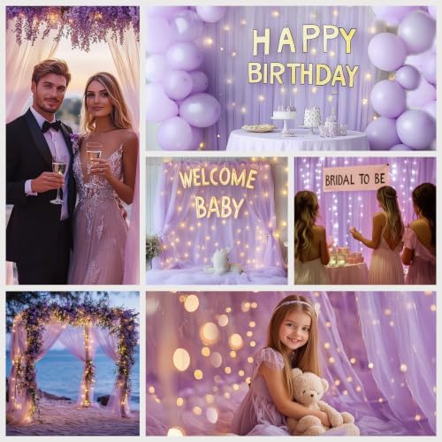 Lavender Tulle Backdrop with Fairy Lights for Parites Wrinkle-Free Sheer Curtain Drapes Photo Back Drop for Wedding Baby Shower Bridal Shower Birthday Dance Home Décor- 10ft×8ft, Lavender - Image 2