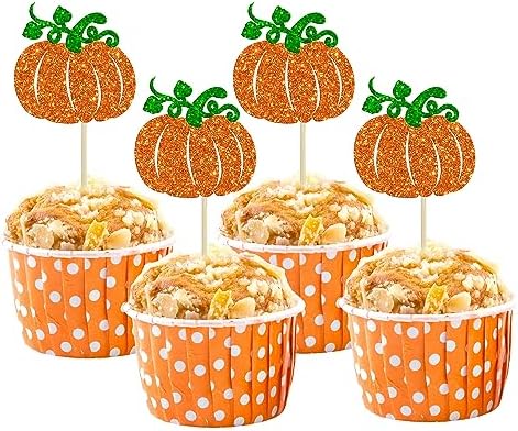 24Pcs Pumpkin Cupcake Toppers Glitter Fall Theme Cupcake Picks Pumpkin Themed Baby Shower Birthday Thanksgiving Halloween Party Cake Decorations Supplies Orange by Ephlyn