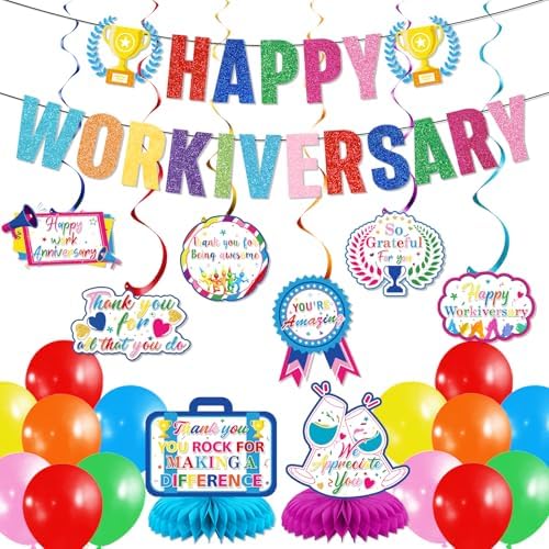 Work Anniversary Decorations: Happy Anniversary Banner Happy Anniversary Decorations with Hanging Swirls Honeycomb Centerpieces Balloons Office Employee Worker Appreciation Decor by Unknown