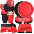 200pcs Red and Black Plastic Plates Party Supplies, Disposable 9’’ Dinner Plates and Napkins, Cups & Cutlery Plastic Dinnerware Set for Birthday, Halloween, Christmas, Serves 50 Guests by UseOnceDoneRight
