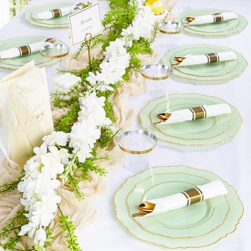 Liacere 350PCS Light Green Plates - Disposable Green and Gold Plastic Plates 50guest Baroque Dinnerware include 100Plates,50Pack Pre Rolled Napkins with Silverware 50Cups for Wedding ＆ Party & Spring - Image 2