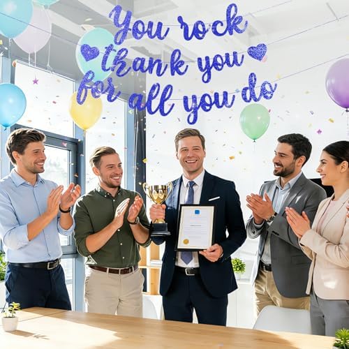 Pre-Strung You Rock Thank You For All You Do Banner - Glitter Employee Appreciation Decorations, Staff Teacher Nurse Recognition Party Supplies, Retirement Office Decor Sign, Large Cardstock Garland (Blue) - Image 5