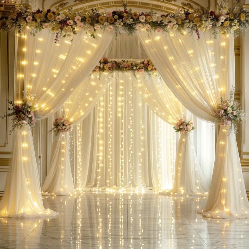 Champagne Sheer Backdrop Curtain with Lights String for Parites Wedding 20×10ft Tulle Backdrop Curtains for Bridal Shower Baby Shower Birthday Party Photo Shoot Decorations(4 Panels 5ft×10ft) - Image 3
