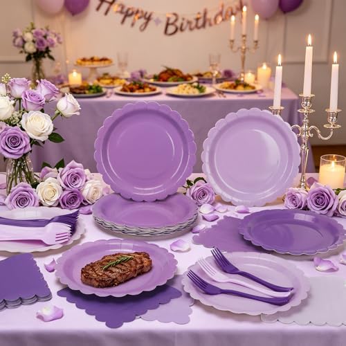 Purple Paper Plates and Napkins,Serves 24 Include Gradient 9 Inch Plates,Napkins,Forks Disposable Party Supplies for Birthday, Wedding, Anniversaries, - Image 4