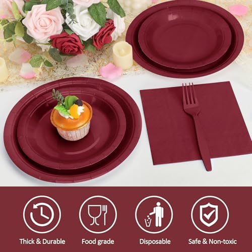 250Pcs Burgundy Paper Plates and Napkins Supplies, Include 9’’Paper Party Plate, 7’’Dessert Plates Cups Napkins Forks Sets for Birthday, Anniversaries, Wedding, Picnics, Serves 50 - Image 3