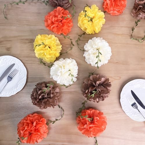 Fall Party Decorations Orange Yellow Brown Beige Tissue Paper Flowers Pom Pom Leaf Ribbon Hanging Garland Streamer for Thanksgiving Harvest Birthday Bachelorette Wedding Shower Party Supplies - Image 5