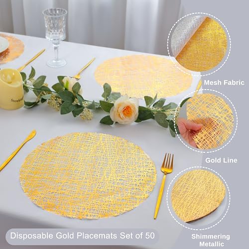 Snowkingdom Gold Placemats Set of 50, Gold Metallic Mesh Glitter Foil Place Mats 13 Inch Round Disposable Doilies for Dinning Table Fall Wedding Birthday Party Thanksgiving Christmas Decorations - Image 4