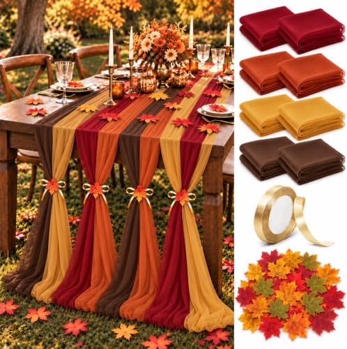 Cinrobiye Fall Table Decorations Set with 8 Pcs Colorful Chiffon Table Runners Artificial Maple Leaves Decorative Ribbon for Thanksgiving Autumn Harvest Wedding Party Home Seasonal Decor by Cinrobiye