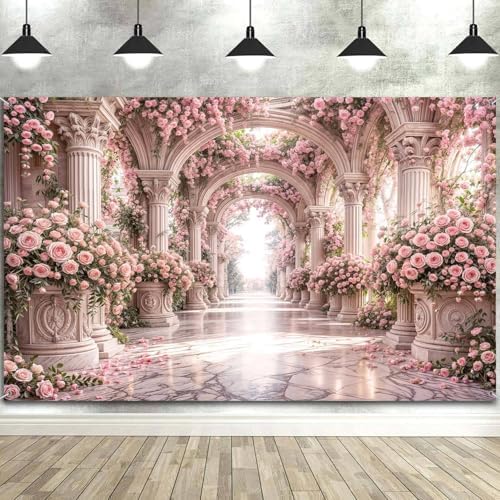 5X3ft Pink Rose Floral Wedding Backdrop European Palace Style Flower Arch Party Decortions Photography Background Anniversary Birthday Baby Shower Girl Party Portrait Photo Booth Props Wall Decor - Image 5
