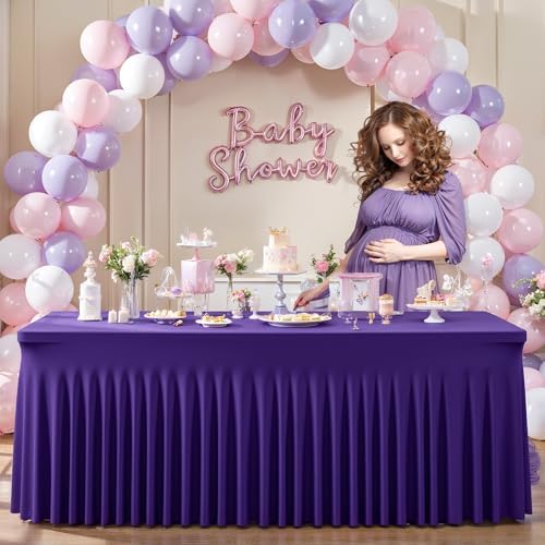 Wish Care 2 Pack Dark Purple Spandex Table Clothes for 4 Foot Rectangle Tables, 4FT Wrinkle Free Fitted Tablecloths Ruffles Design Table Cover for Party, Banquet, Wedding and Events - Image 4