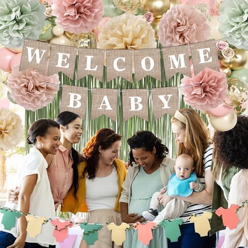 Pink Green Baby Shower Decorations Girls with Welcome Baby Banner, Paper Pom Poms, Sweet-Girl Baby Cake Topper, Retro Olive Pink Metallic Balloon Décor for Easter Jungle Safari Fairy Baby Shower Party - Image 6
