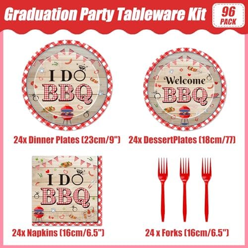 BBQ Party Tableware Decorations - 96 Pcs I Do BBQ Plates Napkins Forks Decorations, Red Gingham Dinnerware Set for Summer Bachelorette Wedding Bridal Party Serve 24 - Image 2