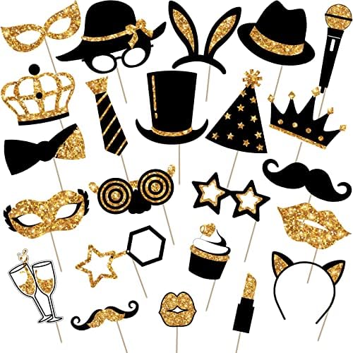 Zonon 24 Pcs Photo Booth Props Set Black Gold Birthday,Golden by Zonon