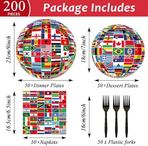 50 Guests International World Flags Party Supplies Decor Around The World Plates and Napkins Forks Travel Trip International Flags Tableware Country Paper Plates for Birthday Baby Shower Party 200PCS - Image 2