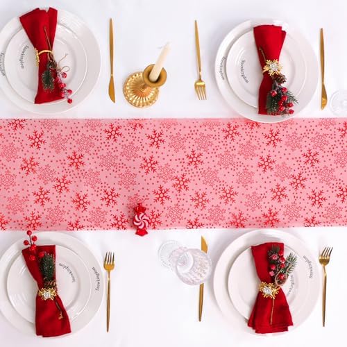 Snowkingdom 2 Pcs Christmas Red Snowflake Table Runner 108 Inch Sparkly Red Foil Glitter Metallic Mesh Runners Dining Kitchen Table Decorations for Seasonal Winter Xmas Festival Holiday Home Party - Image 6