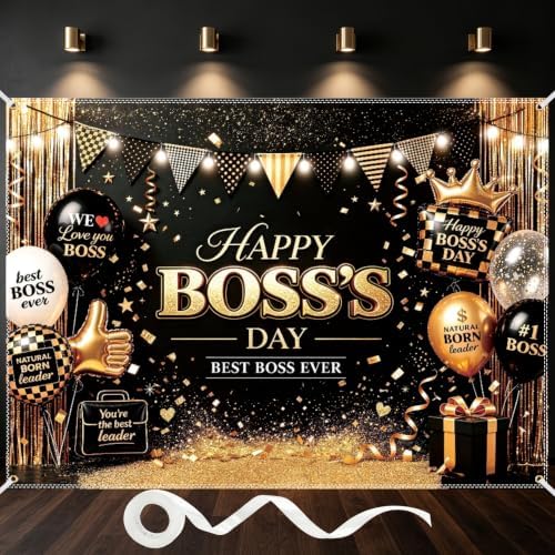 Black and Gold Happy Boss's Day Decorations Boss Day Backdrop Banner for Office Best Boss Ever Party Photo Props Background, Office Gatherings Party Decorations 83" x 59" by DuoduoBuy