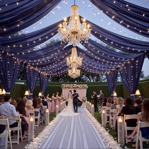 12 Panels Dark Blue Ceiling Curtains with Lights for Weddings - 5ftx20ft Wrinkle-Free Tulle Fabric Wedding Arch Draping Ceiling Drapes Decorations for Wedding Party Ceremony Stage Tent Event - Image 5