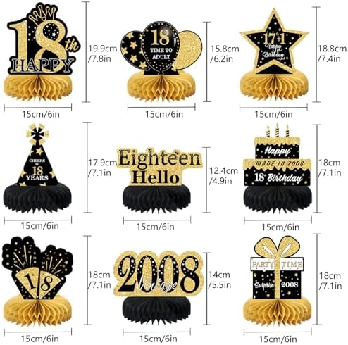 9Pcs Black Gold 18th Birthday Decorations Honeycomb Centerpieces for Boys Girls,Happy 18th Birthday Centerpieces Tables Toppers Party Decorations Supplies,Vintage 2008 Aged Table Sign Decor - Image 2