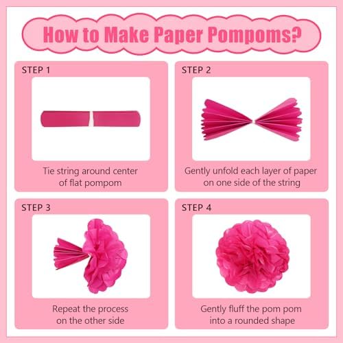 19 Pcs Pink Party Decorations, Light-Hot Pink Hanging Paper Lanterns, Paper Flowers Fans, Tissue Pom Poms, Floral Backdrop Wall Decor for Birthday Baby Showers Bridal Wedding Valentines Classroom - Image 4