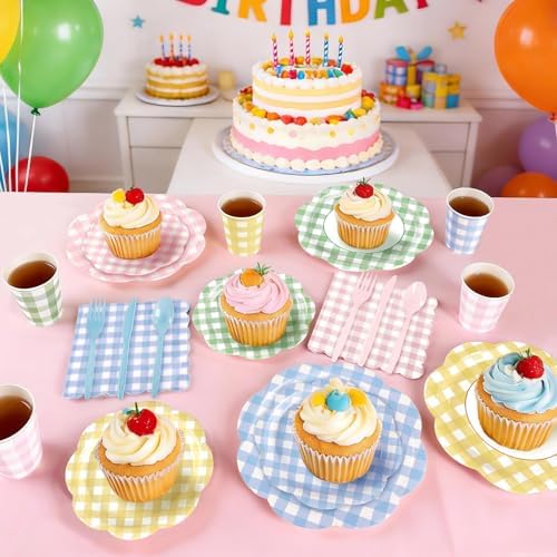 168Pcs Gingham Paper Plates and Napkins Set in 4 Colors for 24 Guests - Image 7