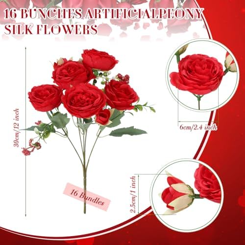 Geosar 16 Bundles Artificial Peonies Flowers,Bright Red - Image 2