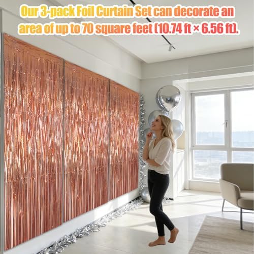 3 Pack 3.28ft x 6.56ft Rose Gold Metallic Tinsel Foil Fringe Curtains, Photo Booth Backdrop Party Decorations for Birthday Wedding Baby Shower Galentines Graduation Bachelorette New Years - Image 3