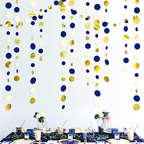Navy Blue and Gold Circle Dots Garland Royal Blue Hanging Paper Polka Dot Streamer for Birthday Wedding Bridal Shower Graduations Nautical Ahoy Achor Pirate Themed Party Decorations Supplies by pinkblume