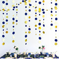 Navy Blue and Gold Circle Dots Garland Royal Blue Hanging Paper Polka Dot Streamer for Birthday Wedding Bridal Shower Graduations Nautical Ahoy Achor Pirate Themed Party Decorations Supplies by pinkblume